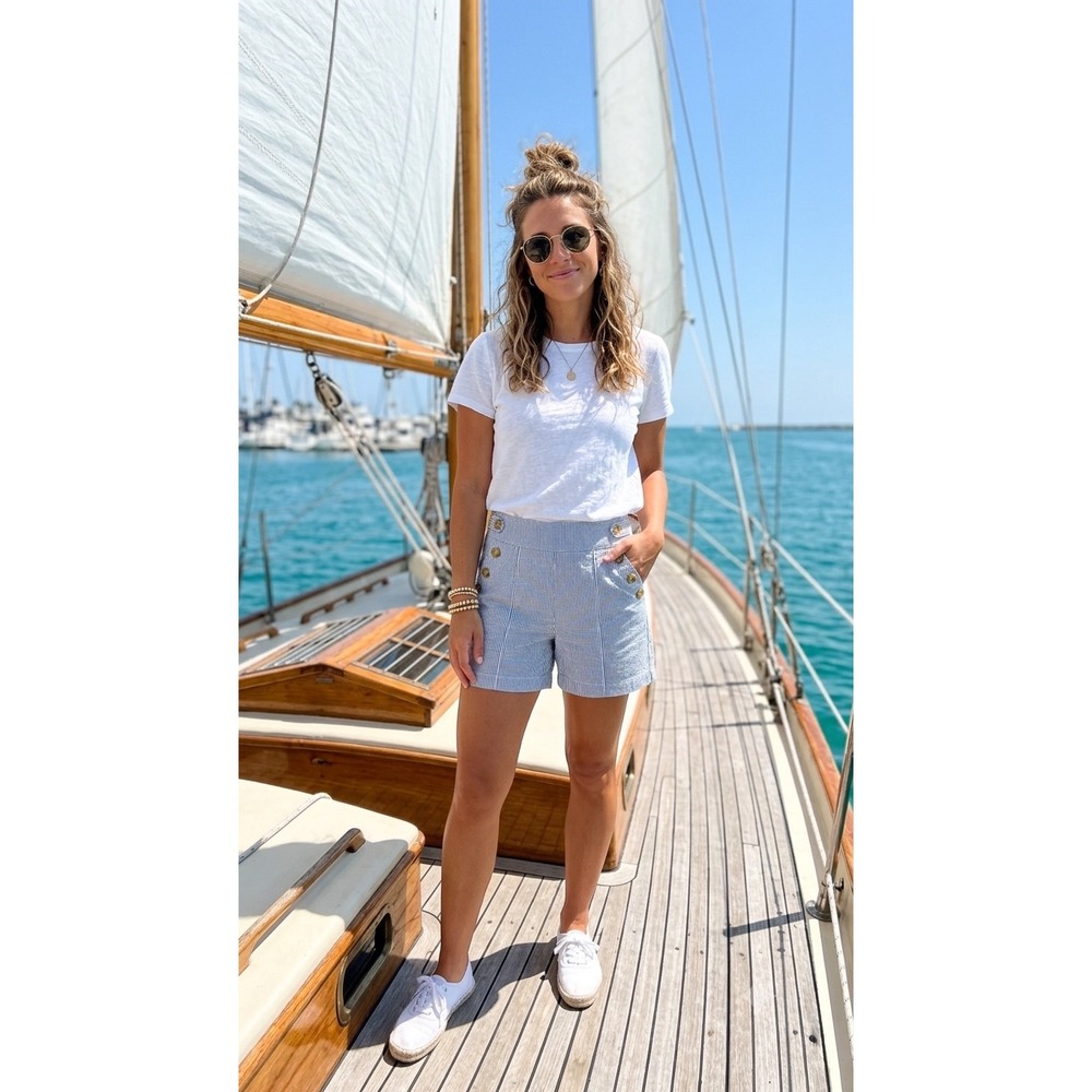 Westbound Womens Blue White Seersucker Sailor Shorts Striped Button Front Size 8